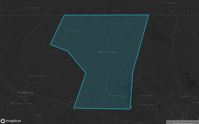 Map of Carroll County, Maryland showing the county boundary and surrounding cities