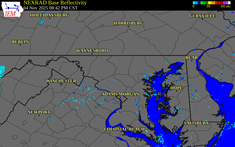 NEXRAD radar during the Tuesday, November 4, 2025 storm activity in Carroll County, Maryland
