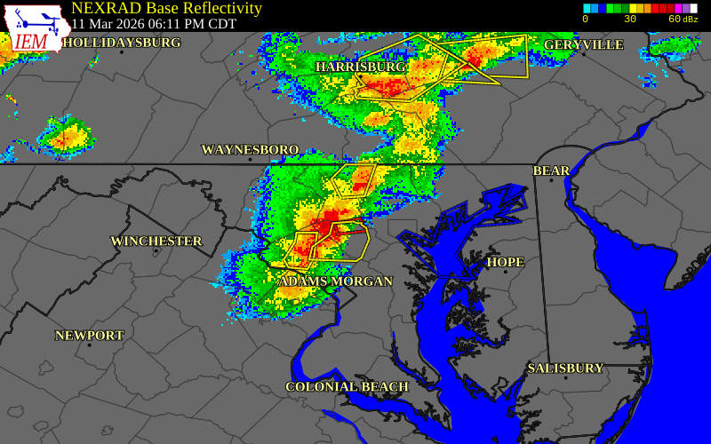 NEXRAD radar during the Wednesday, March 11, 2026 storm activity in Carroll County, Maryland