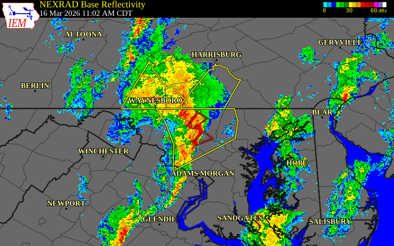 NEXRAD radar during the Monday, March 16, 2026 storm activity in Carroll County, Maryland