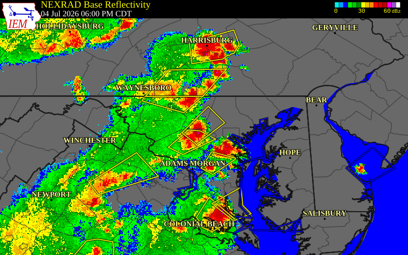 NEXRAD radar during the Saturday, July 4, 2026 storm activity in Carroll County, Maryland