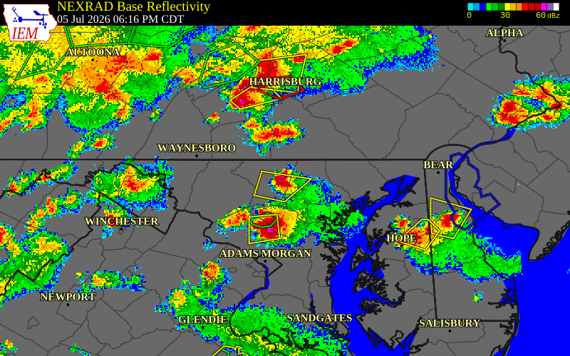 NEXRAD radar during the Sunday, July 5, 2026 storm activity in Carroll County, Maryland