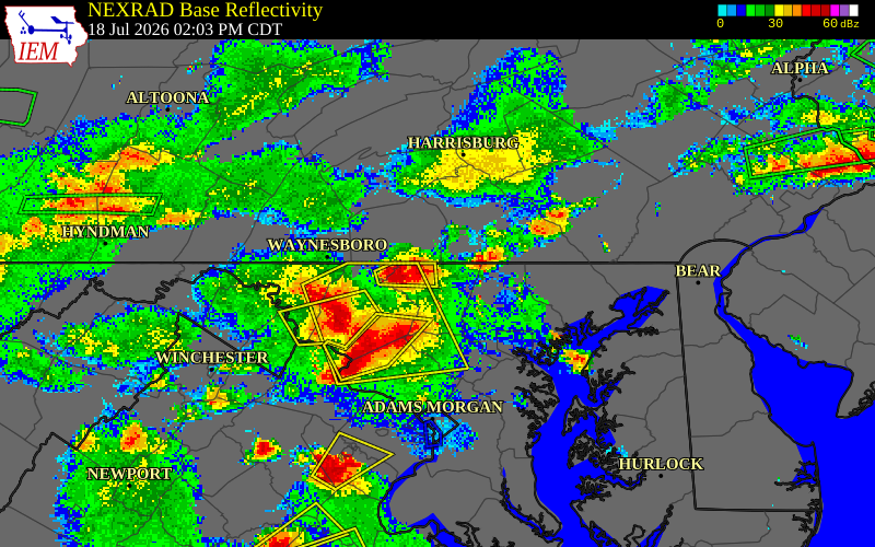NEXRAD radar during the Saturday, July 18, 2026 storm activity in Carroll County, Maryland