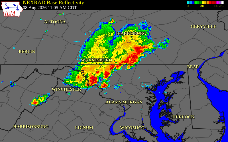 NEXRAD radar during the Saturday, August 8, 2026 storm activity in Carroll County, Maryland