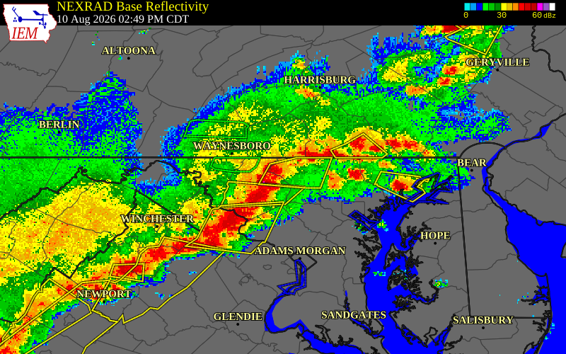 NEXRAD radar during the Monday, August 10, 2026 storm activity in Carroll County, Maryland