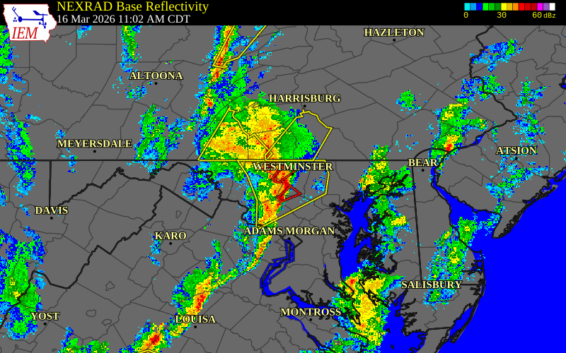 Radar snapshot during the Mar 16, 2026 tornado event near 2 ESE Linwood, Carroll County, Maryland, with NWS warning polygons