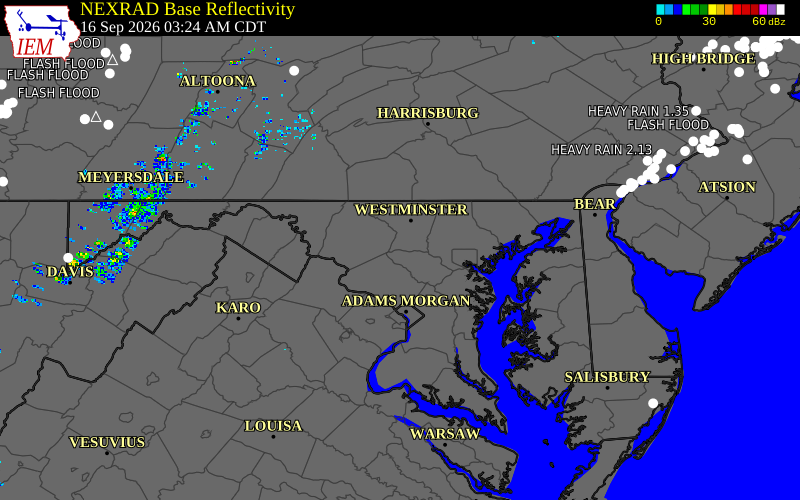 Current NEXRAD radar over Carroll County, Maryland with recent storm report locations