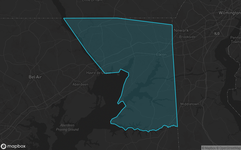 Map of Cecil County, Maryland showing the county boundary and surrounding cities