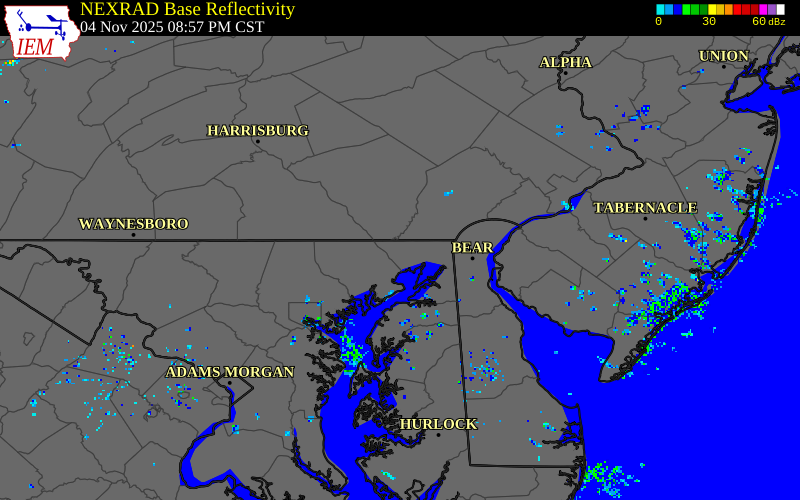 NEXRAD radar during the Tuesday, November 4, 2025 storm activity in Cecil County, Maryland