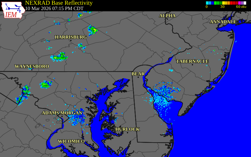 NEXRAD radar during the Tuesday, March 10, 2026 storm activity in Cecil County, Maryland