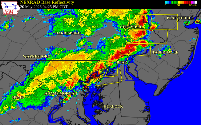 NEXRAD radar during the Wednesday, May 20, 2026 storm activity in Cecil County, Maryland