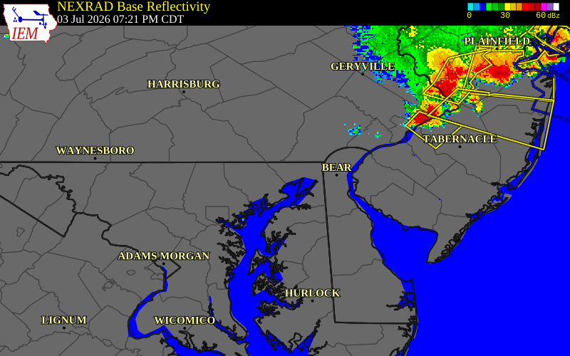 NEXRAD radar during the Friday, July 3, 2026 storm activity in Cecil County, Maryland