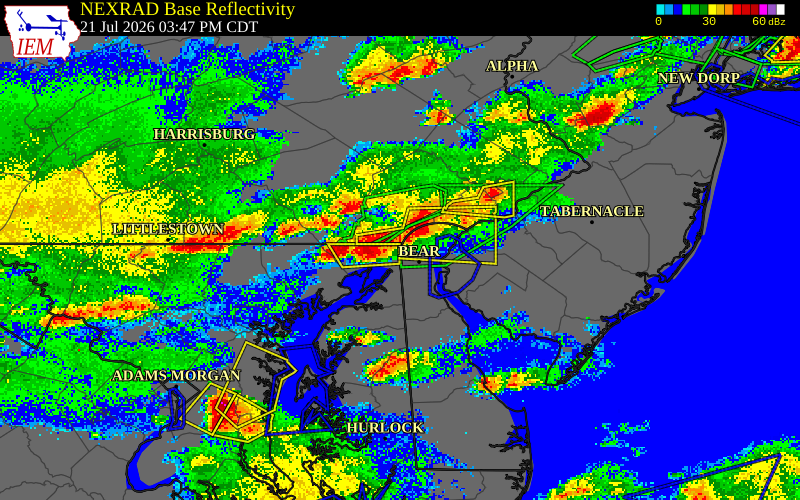 NEXRAD radar during the Tuesday, July 21, 2026 storm activity in Cecil County, Maryland