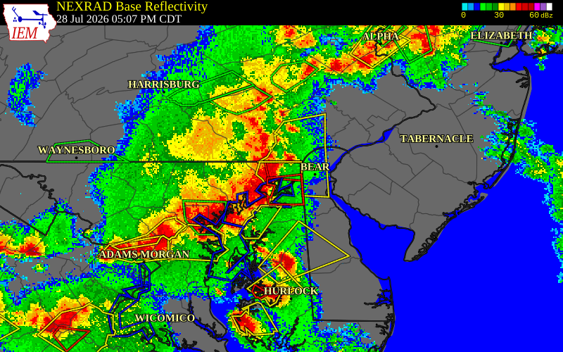 NEXRAD radar during the Tuesday, July 28, 2026 storm activity in Cecil County, Maryland