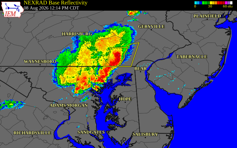 NEXRAD radar during the Saturday, August 8, 2026 storm activity in Cecil County, Maryland