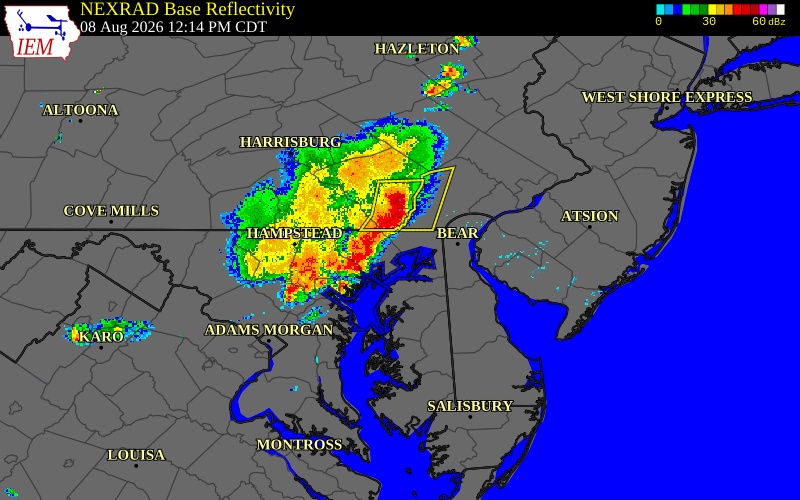 Radar snapshot during the Aug 8, 2026 wind event near 2 SSE Port Deposit, Cecil County, Maryland, with NWS warning polygons