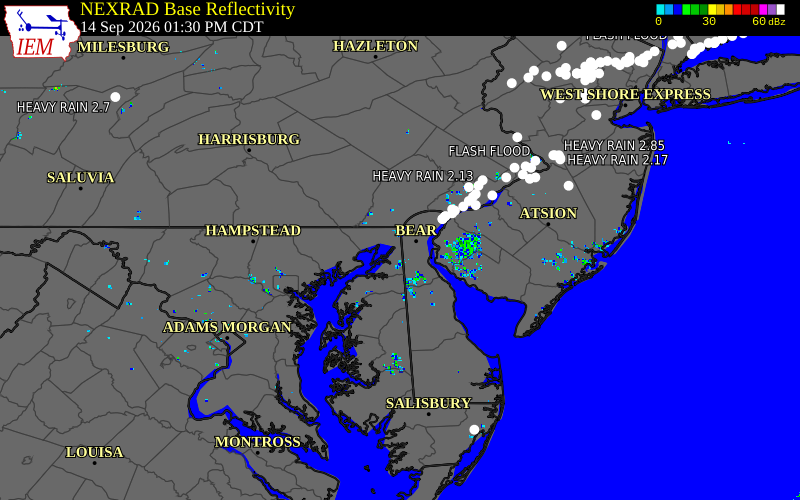 Current NEXRAD radar over Cecil County, Maryland with recent storm report locations