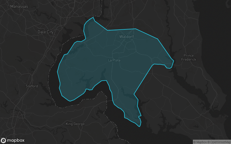 Map of Charles County, Maryland showing the county boundary and surrounding cities