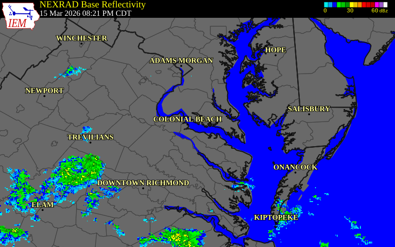 NEXRAD radar during the Sunday, March 15, 2026 storm activity in Charles County, Maryland