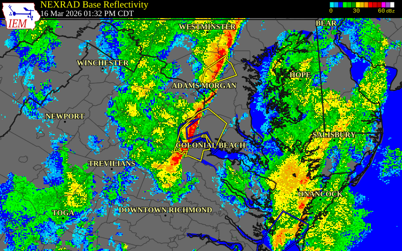 NEXRAD radar during the Monday, March 16, 2026 storm activity in Charles County, Maryland