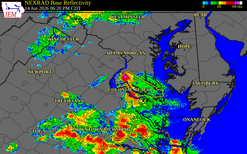 NEXRAD radar during the Sunday, June 14, 2026 storm activity in Charles County, Maryland