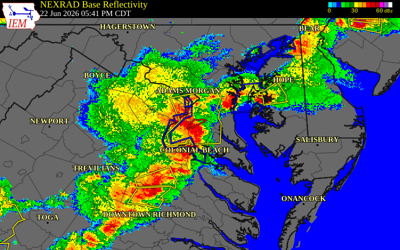 NEXRAD radar during the Monday, June 22, 2026 storm activity in Charles County, Maryland