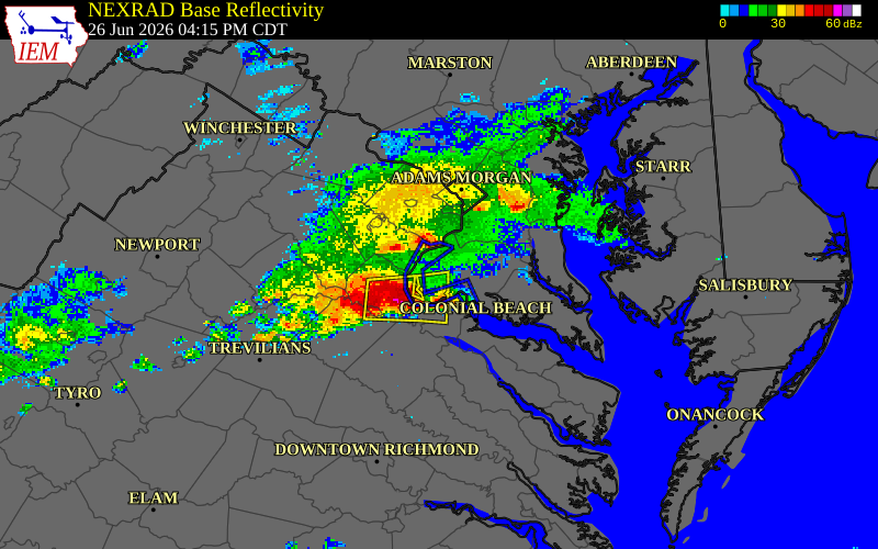 NEXRAD radar during the Friday, June 26, 2026 storm activity in Charles County, Maryland