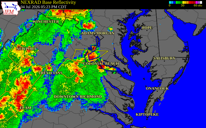 NEXRAD radar during the Saturday, July 4, 2026 storm activity in Charles County, Maryland