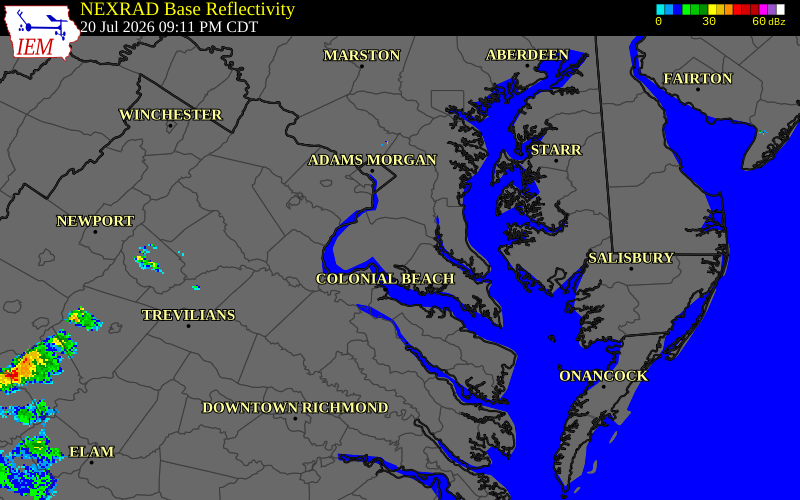 NEXRAD radar during the Monday, July 20, 2026 storm activity in Charles County, Maryland