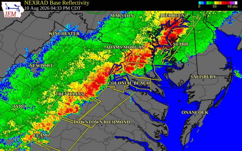 NEXRAD radar during the Monday, August 10, 2026 storm activity in Charles County, Maryland