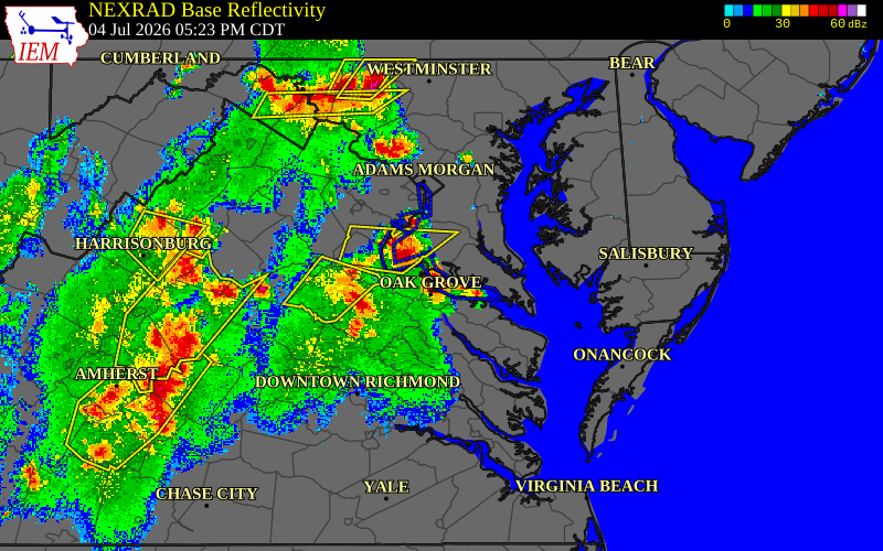 Radar snapshot during the Jul 4, 2026 wind event near 2 WSW Tompkinsville, Charles County, Maryland, with NWS warning polygons