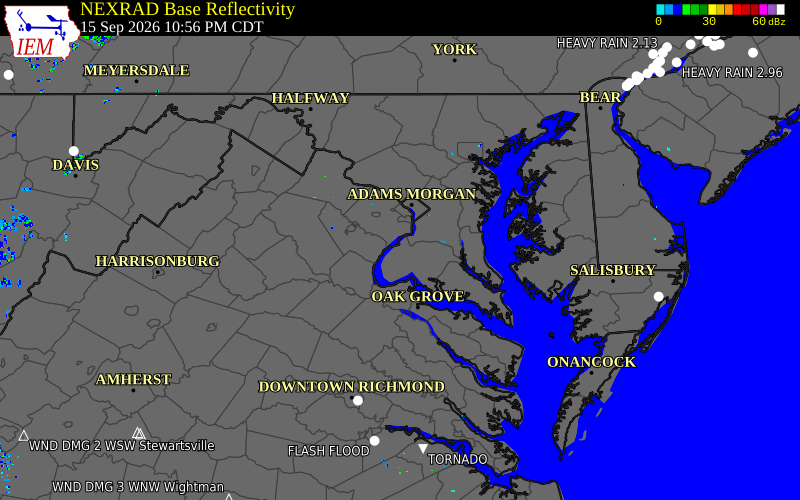 Current NEXRAD radar over Charles County, Maryland with recent storm report locations