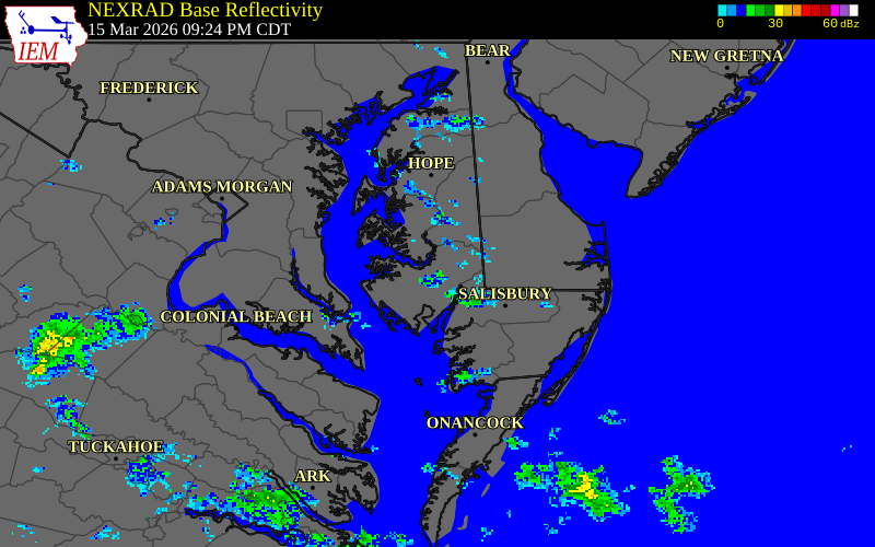 NEXRAD radar during the Sunday, March 15, 2026 storm activity in Dorchester County, Maryland
