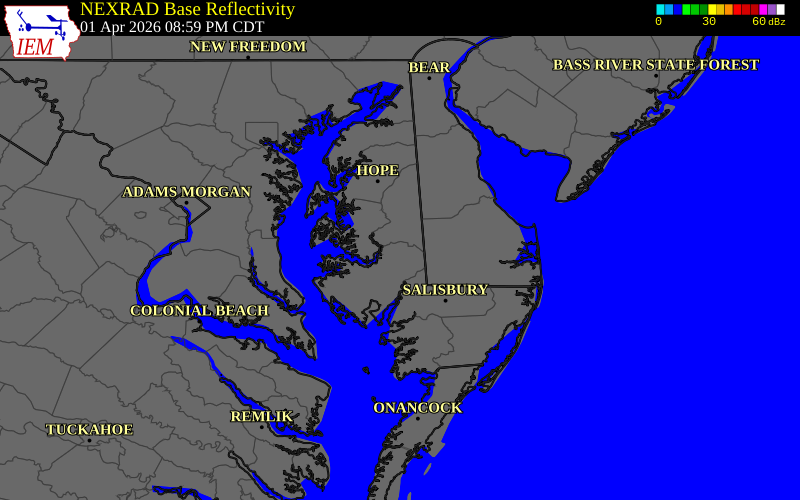 NEXRAD radar during the Wednesday, April 1, 2026 storm activity in Dorchester County, Maryland