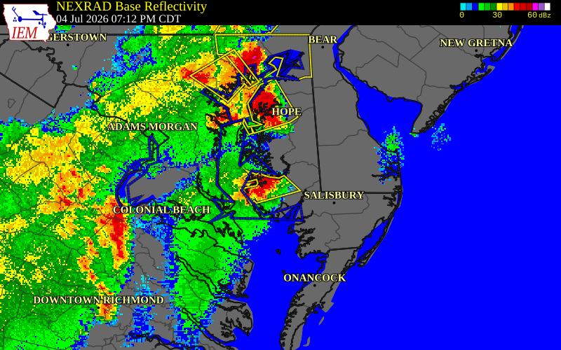 NEXRAD radar during the Saturday, July 4, 2026 storm activity in Dorchester County, Maryland