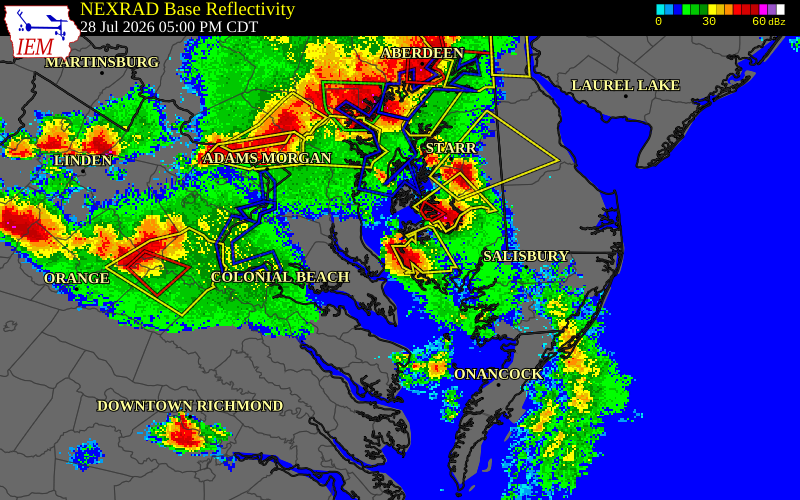 NEXRAD radar during the Tuesday, July 28, 2026 storm activity in Dorchester County, Maryland