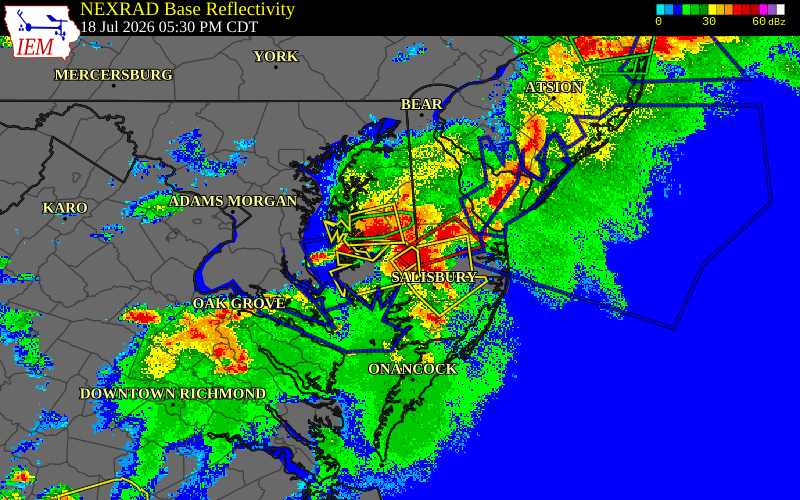 Radar snapshot during the Jul 18, 2026 tornado event near 2 NE Hurlock, Dorchester County, Maryland, with NWS warning polygons