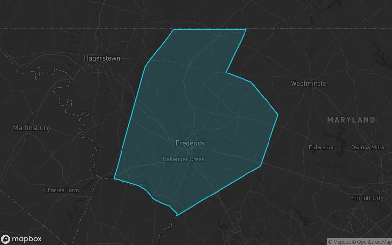 Map of Frederick County, Maryland showing the county boundary and surrounding cities