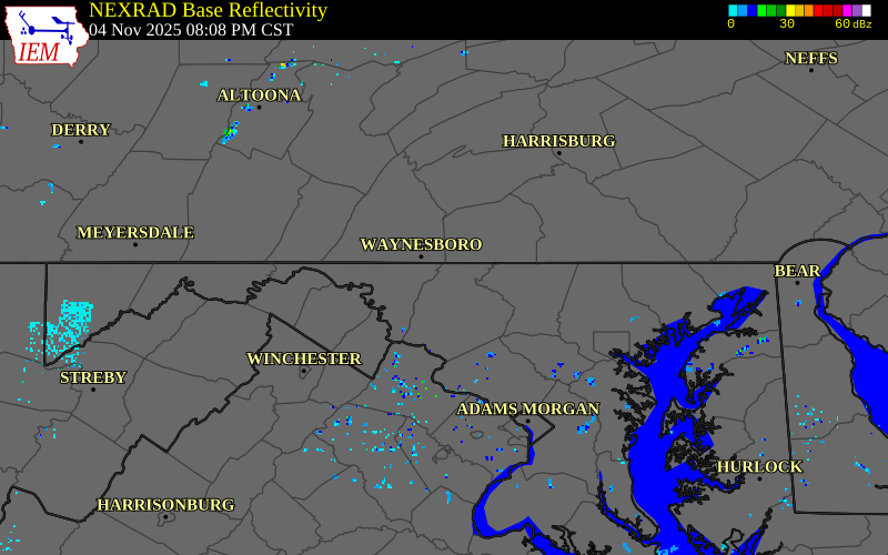 NEXRAD radar during the Tuesday, November 4, 2025 storm activity in Frederick County, Maryland