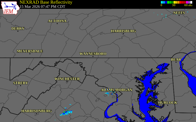 NEXRAD radar during the Sunday, March 15, 2026 storm activity in Frederick County, Maryland