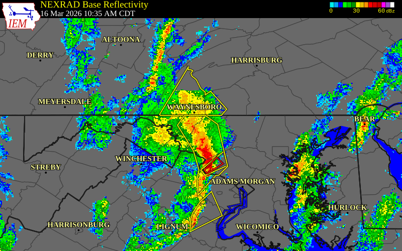 NEXRAD radar during the Monday, March 16, 2026 storm activity in Frederick County, Maryland