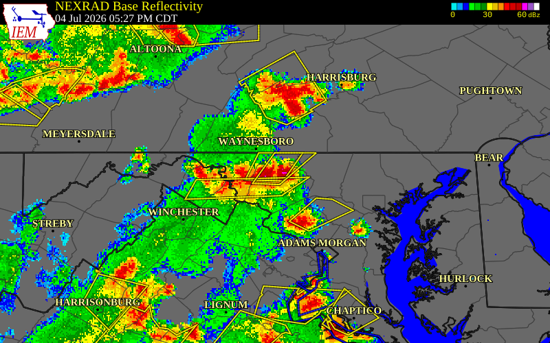 NEXRAD radar during the Saturday, July 4, 2026 storm activity in Frederick County, Maryland