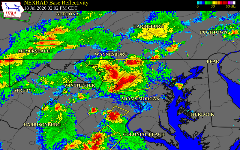 NEXRAD radar during the Saturday, July 18, 2026 storm activity in Frederick County, Maryland