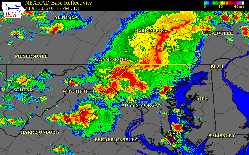NEXRAD radar during the Tuesday, July 28, 2026 storm activity in Frederick County, Maryland