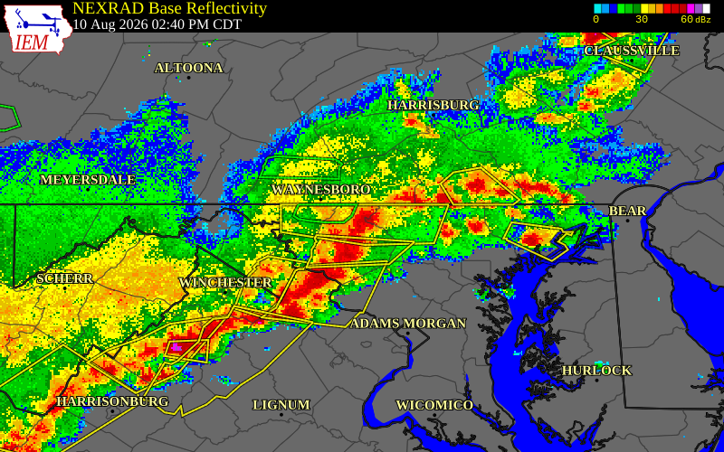 NEXRAD radar during the Monday, August 10, 2026 storm activity in Frederick County, Maryland