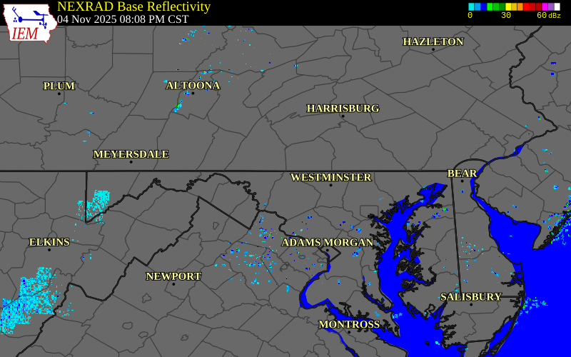 Radar snapshot during the Nov 4, 2025 wind event near 3 WNW Thurmont, Frederick County, Maryland, with NWS warning polygons