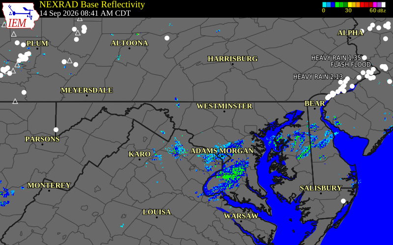 Current NEXRAD radar over Frederick County, Maryland with recent storm report locations