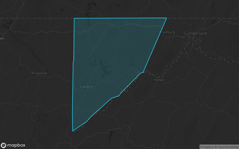 Map of Garrett County, Maryland showing the county boundary and surrounding cities