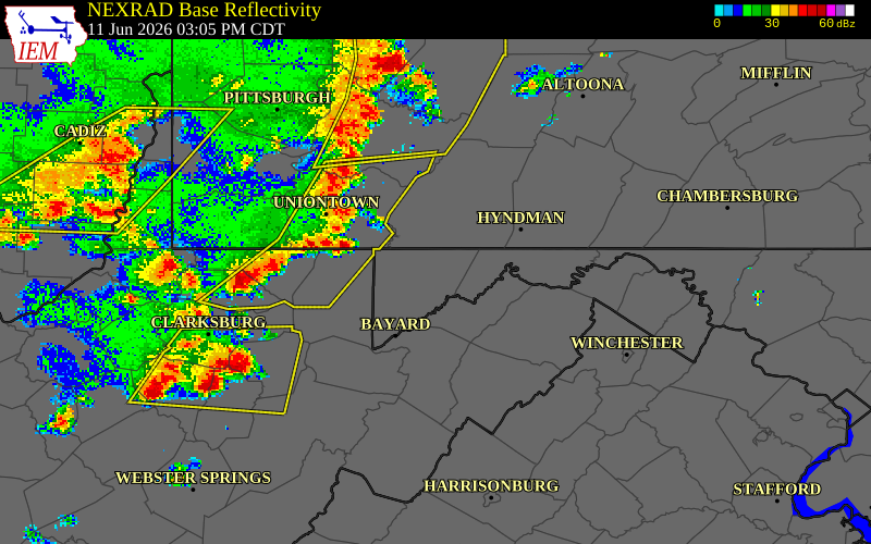 NEXRAD radar during the Thursday, June 11, 2026 storm activity in Garrett County, Maryland