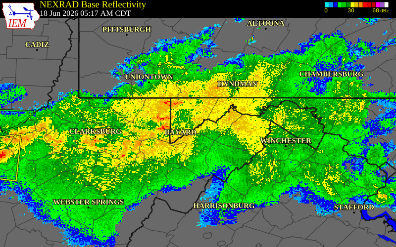 NEXRAD radar during the Thursday, June 18, 2026 storm activity in Garrett County, Maryland